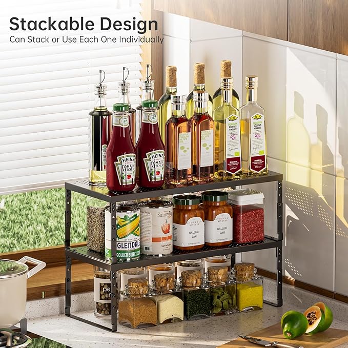 Cabinet Shelf,Expandable Adjustable Stackable Kitchen Organizer,for cabinets, Kitchens, countertops, bathrooms Shelf Organizer (2Packs/Black,Medium)
