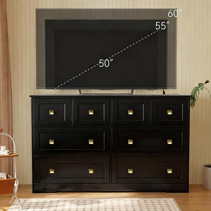 Dresser for Bedroom with Power Outlets Wide Chest of Drawers with 8 Drawers Modern Wooden Dressers with Metal Handle Large Closet Store Organizer for Bedroom Living Room Hallway Closet Black