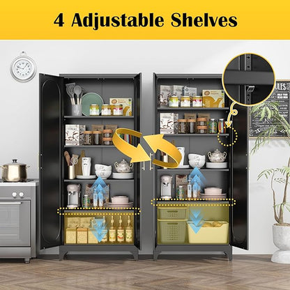 Kitchen Pantry Cabinet,75 Inch Black Metal Storage Cabinet with Door and Adjustable, Tall Pantry Cabinets for Kitchen Storage,Cupboard for Living Room,Dining Room and Bathroom