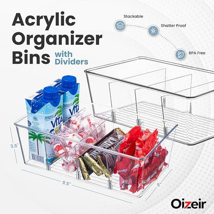 Oizeir Clear Pantry Organizer Bins 16-Pack - Fridge Organizer with 3 Removable Dividers, Ideal for Kitchen, Pantry, Refrigerator, Freezer, and Snack Storage