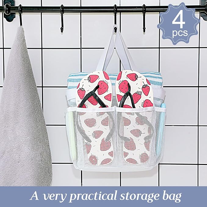 Hillban 4 Pcs Mesh Shower Caddy Portable Shower Caddy for Dorm Beach Mesh Bags with Deeper 8 Pockets and Handles Showers Caddies Basket for Women College Room Vacation(White, Pink, Green, Rose Red)