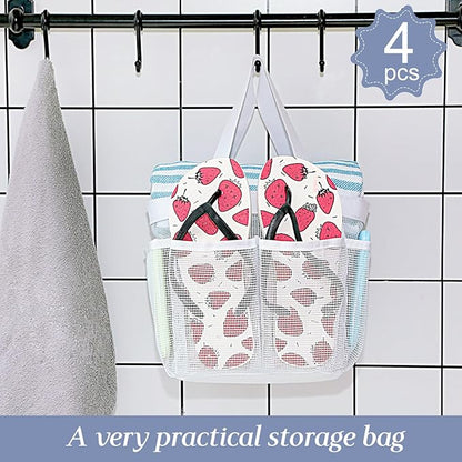 Hillban 4 Pcs Mesh Shower Caddy Portable Shower Caddy for Dorm Beach Mesh Bags with Deeper 8 Pockets and Handles Showers Caddies Basket for Women College Room Vacation(White, Pink, Green, Rose Red)