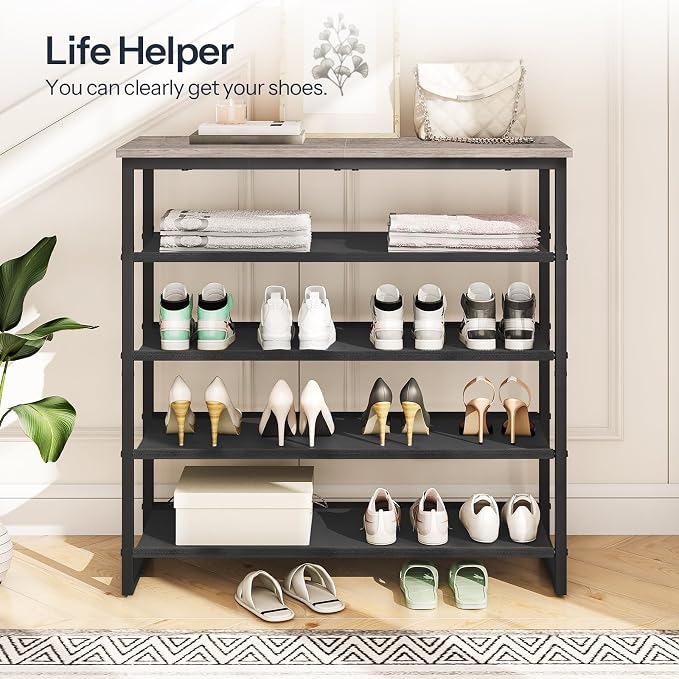HOOBRO Shoe Rack, 5 Tier Shoe Storage Organizer with 4 Oxford Fabric Shelves and Top Panel, Holds 16-20 Pairs of Shoes, for Entryway and Closet, Industrial, Greige and Black BG50XJ01