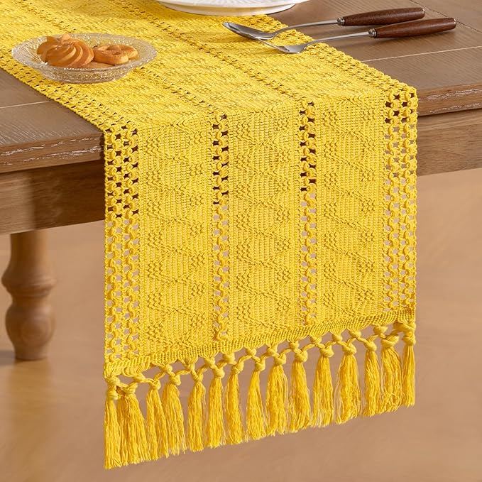 Socomi Boho Table Runner Valentine's Day Farmhouse Rustic Dining Kitchen Centerpiece Decor Small Macrame Woven Cotton Linen Coffee Table Runner for Dresser Scarf Home Decor 12x48 in Yellow Gold