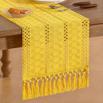 Socomi Boho Table Runner Valentine's Day Farmhouse Rustic Dining Kitchen Centerpiece Decor Small Macrame Woven Cotton Linen Coffee Table Runner for Dresser Scarf Home Decor 12x48 in Yellow Gold