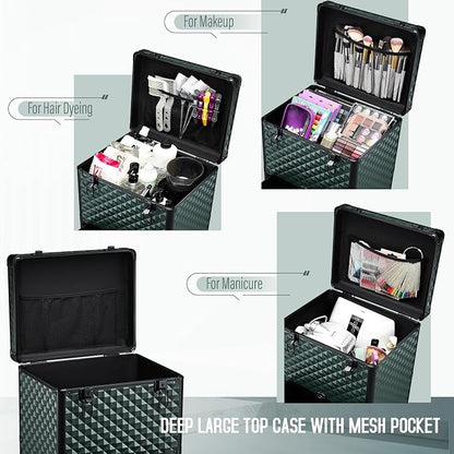 Yueieoun Nail Trolley Cart with 3 Drawers, Salon Station Cosmetology Case on Wheels Rolling Makeup Train Case Nail Case Organizer Beauty Salon Travel Case for Nailart,SPA,Hairstylist,Artist,Dark Green