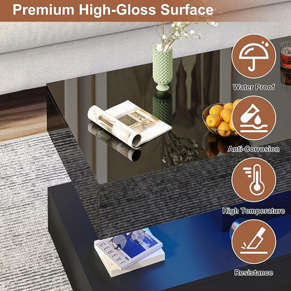 Uspeedy 47.3in Large High Glossy LED Coffee Table with 2 Storage Drawers,Black/White Modern Coffee Tables for Living Room,Living Room Tables,APP LED Lights (Black)