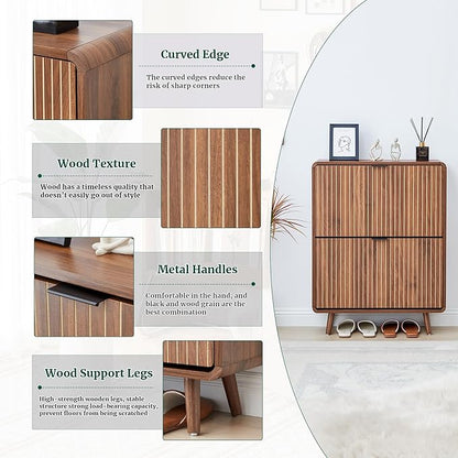 Fluted Shoe Cabinet Storage for Entryway,Slim Shoe Cabinet with 2 Flip Drawers, Narrow Shoes Rack Organizer (All Walnut, 2 Drawers)