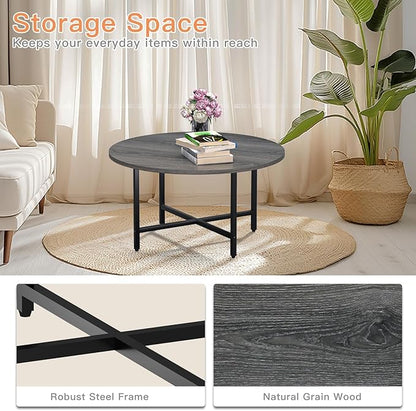 Round Coffee Table, 23.6" Small Coffee Tables for Living Room, Circle Coffee Table with Metal Frame, Floor Table Desk for Sitting on The Floor, Home, Office, Grey