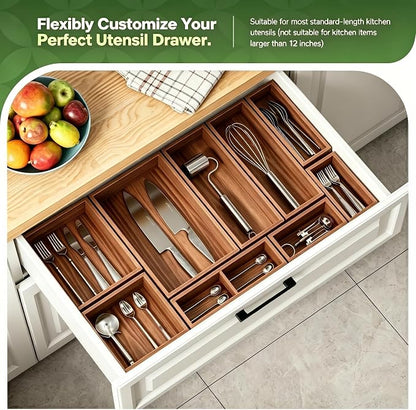 9-Pack Solid Wood Junk Drawer Organizer, Modular Desk Drawer Tray & Accessories with Non-Slip Pad, Multi-Use for Kitchen, Office, Bedroom Dresser, Utensil, Makeup, Stationery, Tea Bags & Coffee Pod