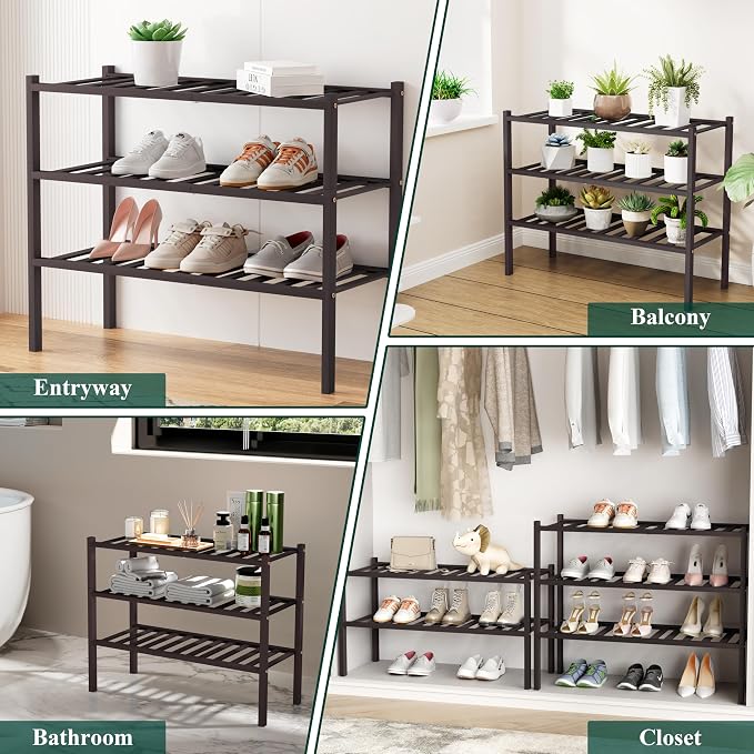 Smiry Small Bamboo Shoe Rack, 5 Tier Free Standing Wooden Shoe Organizer, Stackable Wood Shoe Storage Shelf for Closet, Entryway, 12 Vertical Slats, 2+2+1 Stack Standard Legs, 17.3"x11"x32.5", Brown