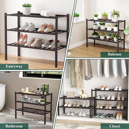 Smiry Small Bamboo Shoe Rack, 5 Tier Free Standing Wooden Shoe Organizer, Stackable Wood Shoe Storage Shelf for Closet, Entryway, 12 Vertical Slats, 2+2+1 Stack Standard Legs, 17.3"x11"x32.5", Brown