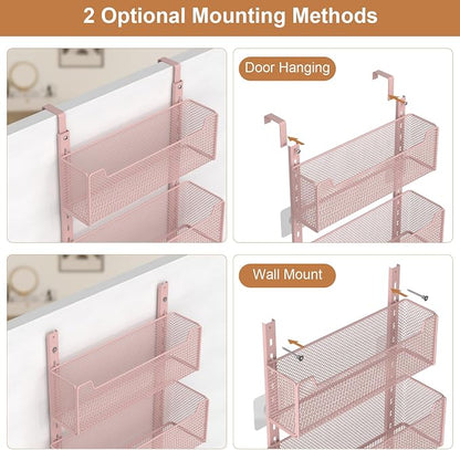 VyGrow Over The Door Organizer, Metal Door Organizer Hanging with 5 Adjustable Baskets and Coat Hook, Behind The Door Storage for Bedroom Closet Bathroom Pantry Cabinet Kitchen, Pink