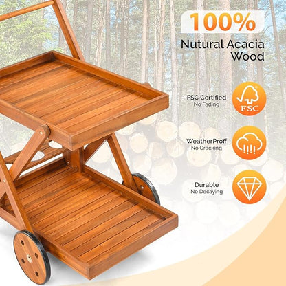 VINGLI 2-Tier Acacia Wood Bar Cart, Rolling Bar Carts with Wheels, Kitchen Serving Tea Cart for Plant Stand Indoor and Outdoor