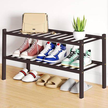 Smiry Bamboo Shoe Rack, 2 Tier Free Standing Wooden Shoe Organizer, Stackable Wood Shoe Storage Shelf for Closet, Entryway, 12 Vertical Slats, One-piece Standard Legs, 26.8"x11"x13", Brown