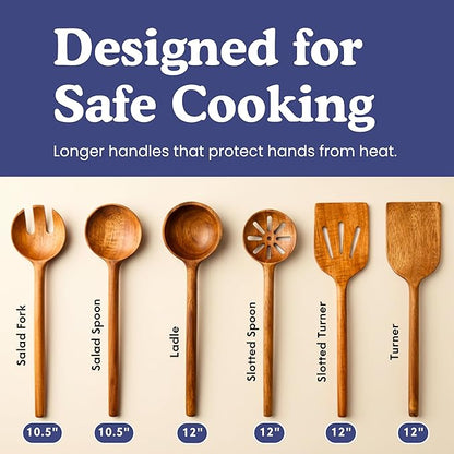 Non-Toxic Cooking Utensils – 6-Piece Kitchen Utensils Set, Glue-Free & One-Piece Wooden Spoons for Cooking, Natural Wooden Utensil Set with Plant-Based Finish, Free of Forever Chemicals