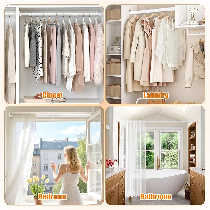Oval Closet Rod for Hanging Clothes, Adjustable Heavy Duty Closet Rods with End Supports, 18 to 51 Inch White Clothing Pole for Wardrobes, Laundry, RV