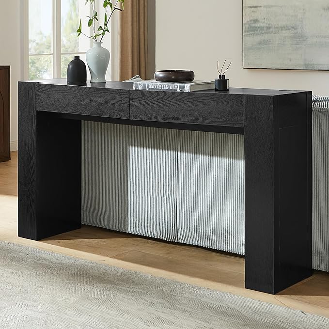 OKD Modern Entryway Console Table, Sofa Table with Drawers, 63" Long Hall Table Behind Couch, Thick Wood Design for Living Room, Hallway - Black Oak