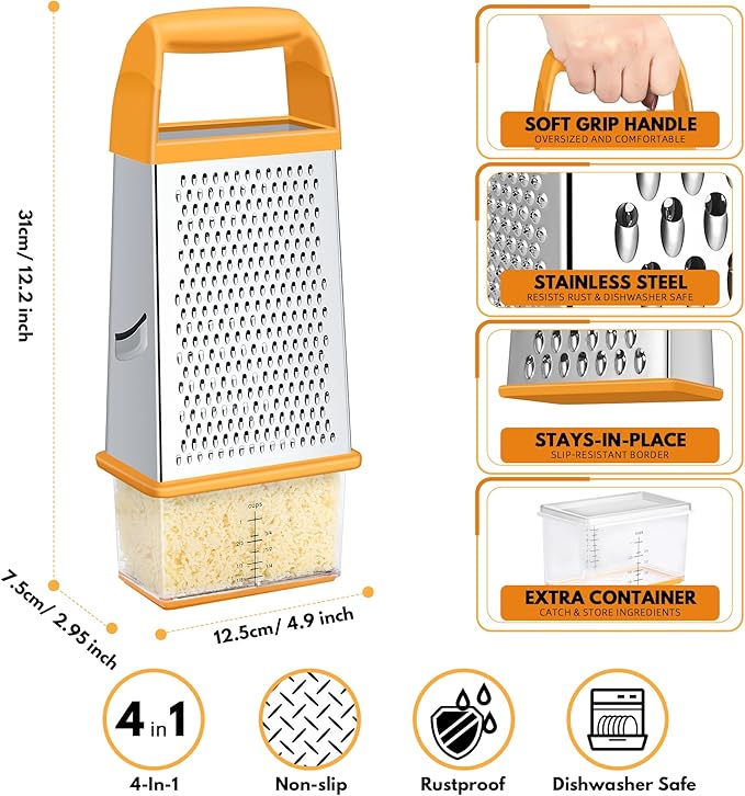Urbanstrive Cheese Grater With Container, Professional Cheese Grater with Handle, Stainless Steel Graters for Kitchen Handheld, Box Grater with 4 Sides for Vegetables, Ginger, Potatoes (Orange)