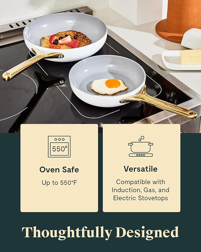 Caraway Fry Pan Duo - Nonstick Ceramic Frying Pan (8" & 10.5”) - Non Toxic, PTFE & PFOA Free - Oven Safe & Compatible with All Stovetops (Gas, Electric & Induction) - Cream
