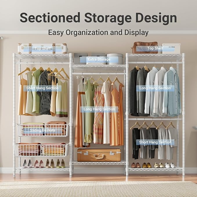VIPEK V10 Wire Garment Rack 5-Tiers Heavy Duty Clothes Rack Large Size Clothing Rack with 4 Hanging Rods, 6 Wire Shelves and 2 Slid Baskets, 68.9" W x 15.7" D x 76.4" H, Max Load 920 LBS, White
