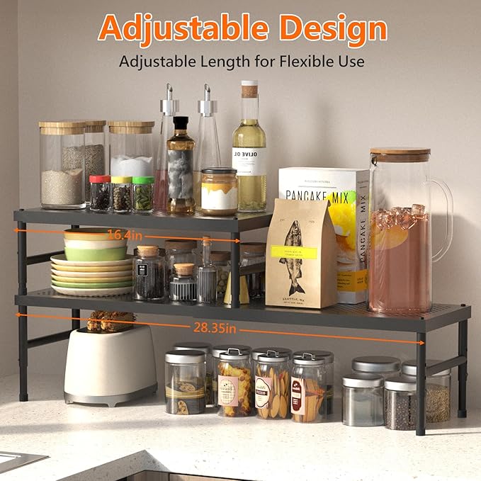 2 Pack Expandable adjustable stackable kitchen organizer,Spice Racks,Counter Shelf for Cabinets,Small Cupboard Organizers,Heavy Duty Metal Pantry Storage Shelves Racks for kitchen,cabinet, bathroom