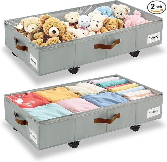 Under Bed Storage with Wheels,Underbed Storage with Sturdy Sidewalls/Bottom, Clear Cover, Label and PU Handle, Rolling Under Bed Drawers for Clothes, Shoes, 5.5 Inch Height,Grey, 2 Pack