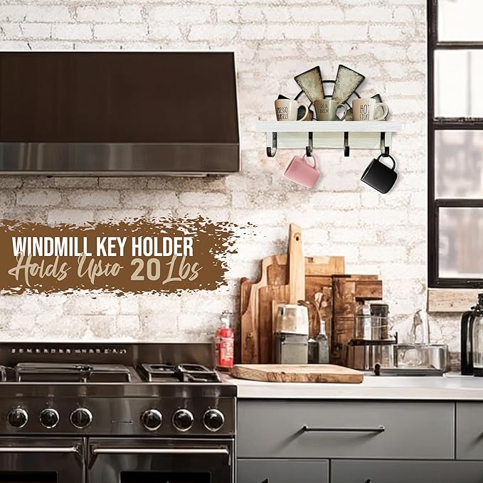 Windmill Key Holder Wall Mount, Decorative Wall Mounted Key and Mail Rack with Shelf, Farmhouse Wall Decor, 4 Rustic Hooks for Coats & Keys, White Western Key Holder.