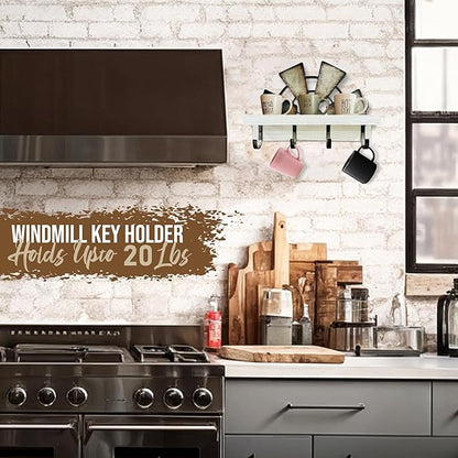 Windmill Key Holder Wall Mount, Decorative Wall Mounted Key and Mail Rack with Shelf, Farmhouse Wall Decor, 4 Rustic Hooks for Coats & Keys, White Western Key Holder.
