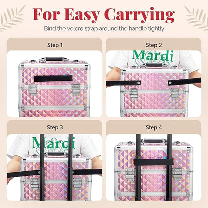 mefeir 4-in-1 Rolling Makeup Train Case Lift Handle,4 Removable Wheels Lockable Keys,Aluminum Cosmetic Trolley Beauty Stylist Artist Organizer Box,Ideal Xmas New Year Gift (Diamond Pink)