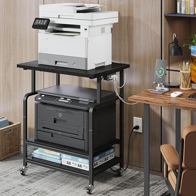 YAOHUOO 3 Tier Large Printer Stand with Power Outlet/Adjustable Shelf | 23.6"x19.6" Large Top,Fit 2-3 printers,Rolling Cart with Wheels,Table for Home Office,Fit 3D Printer/Heat Press/Laser,Black