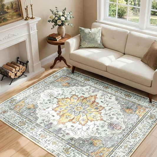 RELEANY Area Rugs 4'x5' Washable Non-Slip, Floral Vintage Distress Medallion Carpet for Living Room Bedroom Dining Room, Beige Carbon Grey Orange