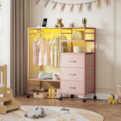 WLIVE Pink Dresser with Hanging Rack for Bedroom, 3 Drawer Dresser with LED Lights & Charging Station, Fabric Dressers & Chest of Drawers, Storage Organizer with Open Shelves for Living Room