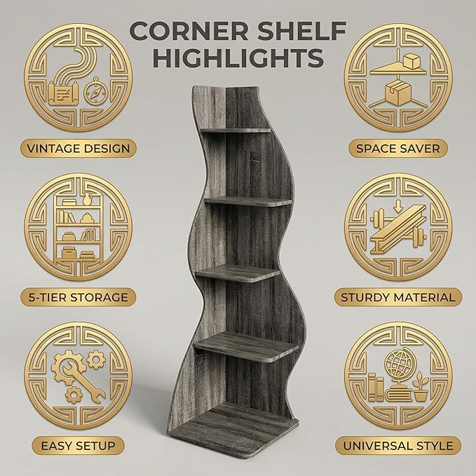 Arvolia 70 Inch Corner Shelf Stylish Design,Modern 5-Tier Wall Corner Bookshelf,Stylish Corner Small Bookcase Storage Rack Plant Stand with Unique Shape for Home Office (Gray)