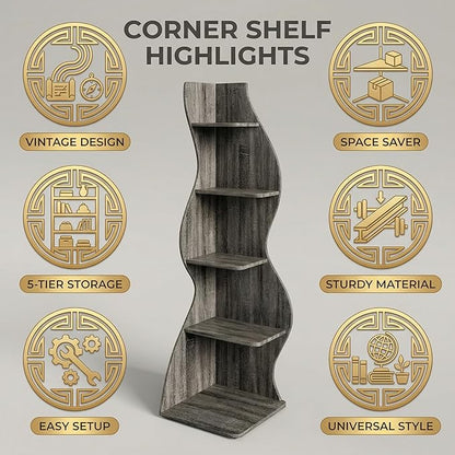 Arvolia 70 Inch Corner Shelf Stylish Design,Modern 5-Tier Wall Corner Bookshelf,Stylish Corner Small Bookcase Storage Rack Plant Stand with Unique Shape for Home Office (Gray)