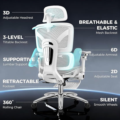 Ergonomic Office Chair with Footrest, Big and Tall Home Desk Chair, High Back Rolling Computer Chair with 5D Flip-Up Arms and Lumbar Support, Comfy Gaming Chair, Swivel Mesh Chairs, Gray