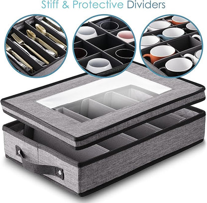 Fine China Storage Containers, 8 Piece Quilted Dish Storage Containers for Flatware & Utensil, Mug, Platter and Wine Glass with Felt Dividers, Durable Dinnerware Dish Organizers for Moving, Grey