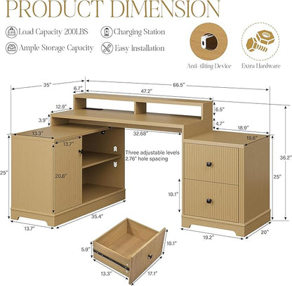 67" L Shaped Executive Desk with Drawers & Storage Shelf, Corner Computer Desk with Power Outlets, Home Office Desk with Monitor Stand, Printer Shelf, Computer Writing Desk for Work, Oak