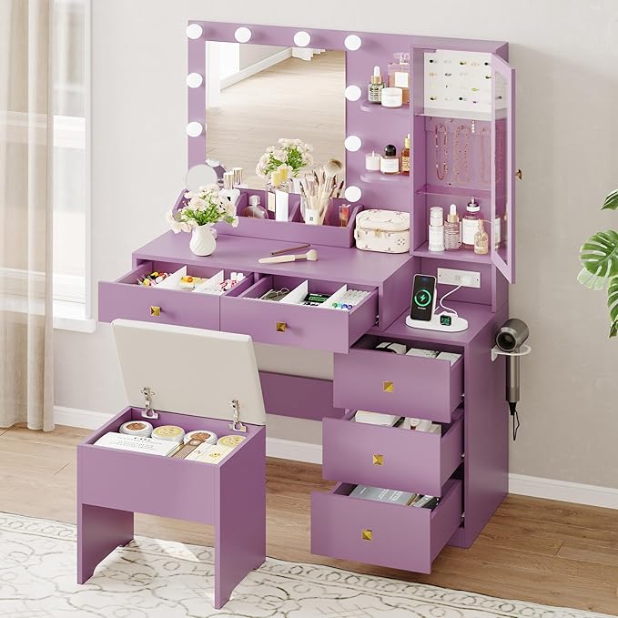 Vanity Desk with Mirror and Lights, Purple Makeup Vanity with 5 Drawers Hidden Jewelry Organizer& LED Glass Cabinet,3 Light Mode and Brightness Adjusted,Vanities Mirror with Lights Desk and Chair