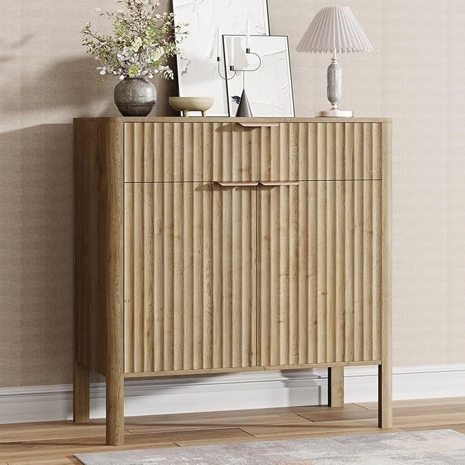 Sideboard Buffet Cabinet with Storage - Modern Fluted Credenza with Doors & Drawer, Accent Cabinet Coffee Table Bar Counter Bookcase for Living Room Kitchen Dining Room Entryway 31" H Oak