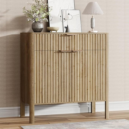 Sideboard Buffet Cabinet with Storage - Modern Fluted Credenza with Doors & Drawer, Accent Cabinet Coffee Table Bar Counter Bookcase for Living Room Kitchen Dining Room Entryway 31" H Oak