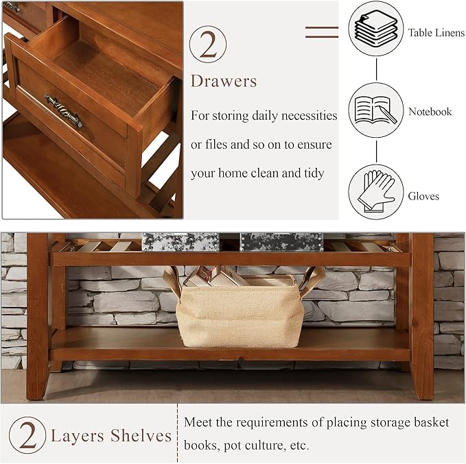 LKTART Solid Wood Console Table Entryway Table with Storage Drawers and Shelves Sofa Tables (42" Brown)