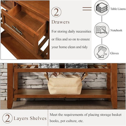 LKTART Solid Wood Console Table Entryway Table with Storage Drawers and Shelves Sofa Tables (42" Brown)