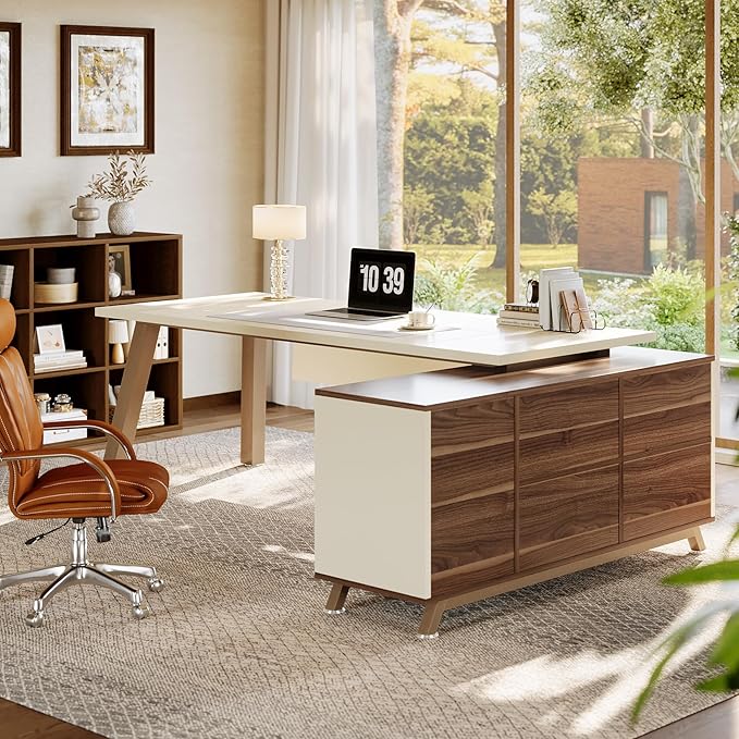 Tribesigns 78.7" L-Shaped Executive Desk, Modern Office Desk with File Drawers & Storage Shelves, Large Computer Desk with 55-Inch Cabinet, Business Workstation for Home Office, White & Walnut