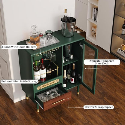 ARTPOWER Modern Coffee Bar Cabinet with Wine Glass Rack and Drawers, Green Liquor Cabinet with Pull-Out Wine Storage for Kitchen, Dining Room, Living Room | Wine Glass Rack, Drawers