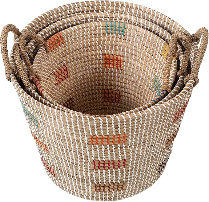 3 Pack Seagrass Storage Baskets for Organizing, Large Storage Bin with Handles, Woven Blanket Basket, Living Room Bedroom Laundry Room Home Decor for Toys Clothes Shoes Plant