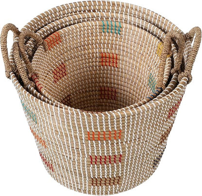 3 Pack Seagrass Storage Baskets for Organizing, Large Storage Bin with Handles, Woven Blanket Basket, Living Room Bedroom Laundry Room Home Decor for Toys Clothes Shoes Plant