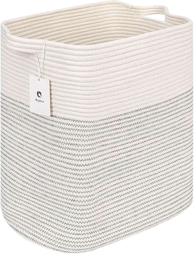 Laughbird Storage Baskets for Clothes Fabric Cotton Rope Storage Basket with Handles, Decorative Woven Basket for Living Room,Closet Organizer Blankets, and 2bags (White/Black Line, L17.8×W12.5×H17.9)