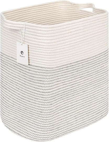 Laughbird Storage Baskets for Clothes Fabric Cotton Rope Storage Basket with Handles, Decorative Woven Basket for Living Room,Closet Organizer Blankets, and 2bags (White/Black Line, L17.8×W12.5×H17.9)