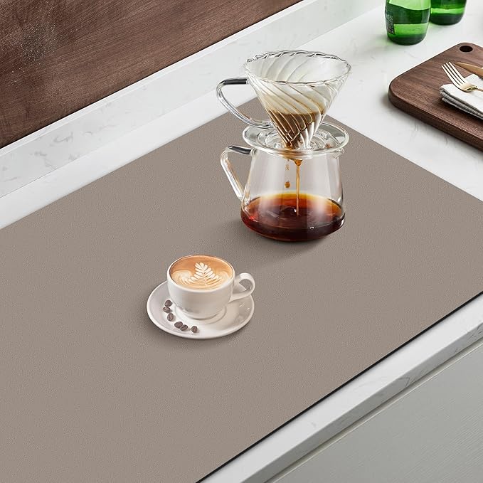 WISELIFE Coffee Mat Super Absorbent Dish Drying Mat Coffee Bar Accessories Match with Machine Large Drying Mats for Kitchen Counter 18" W x 36" L, Khaki